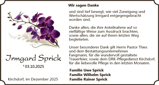 Traueranzeige von Irmgard Sprick von SYKS