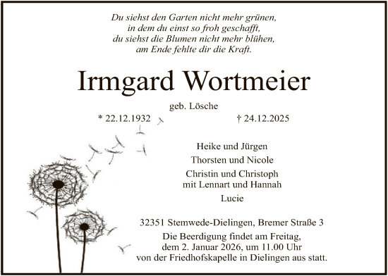 Traueranzeige von Irmgard Wortmeier von SYKS