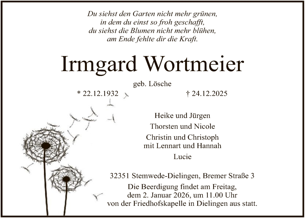  Traueranzeige für Irmgard Wortmeier vom 30.12.2025 aus SYKS