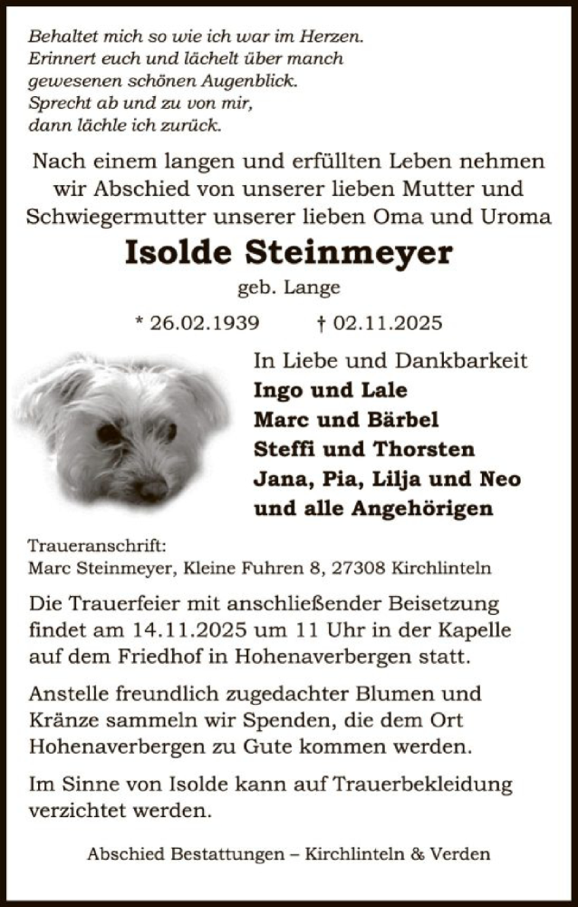  Traueranzeige für Isolde Steinmeyer vom 08.11.2025 aus SYKS