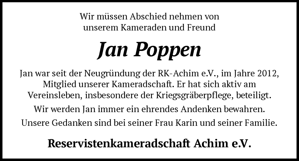  Traueranzeige für Jan Poppen vom 08.11.2025 aus SYKS
