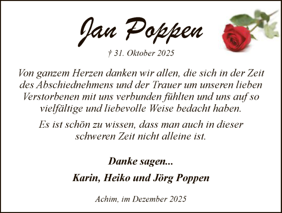 Traueranzeige von Jan Poppen von SYKS