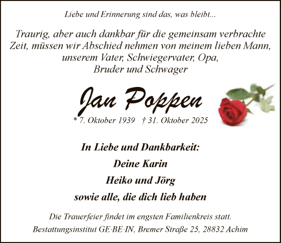 Traueranzeige von Jan Poppen von SYKS