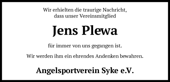 Traueranzeige von Jens Plewa von SYKS
