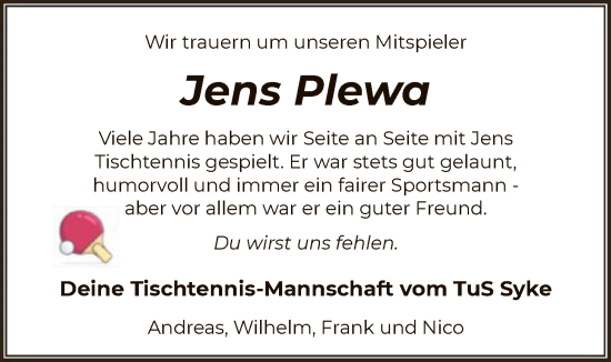 Traueranzeige von Jens Plewa von SYKS
