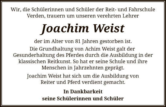 Traueranzeige von Joachim Weist von SYKS