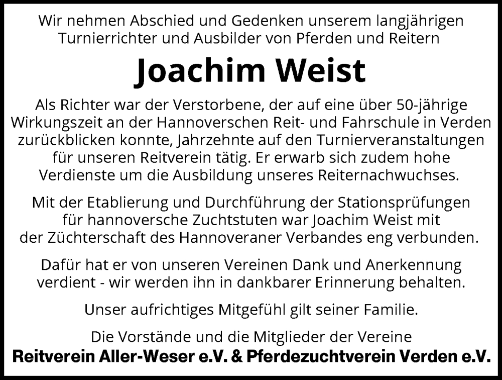  Traueranzeige für Joachim Weist vom 20.12.2025 aus SYKS