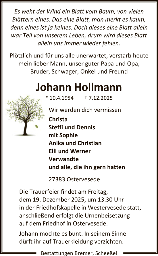 Traueranzeige von Johann Hollmann von SYKR