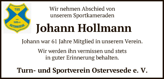 Traueranzeige von Johann Hollmann von SYKR