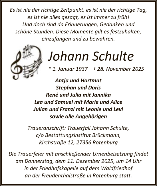 Traueranzeige von Johann Schulte von SYKR