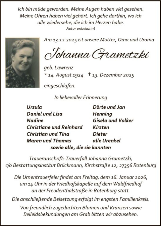 Traueranzeige von Johanna Grametzki von SYKR
