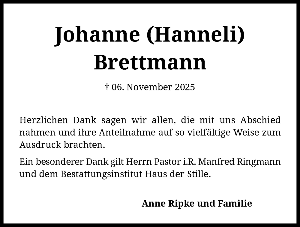  Traueranzeige für Johanne Brettmann vom 20.12.2025 aus SYKS
