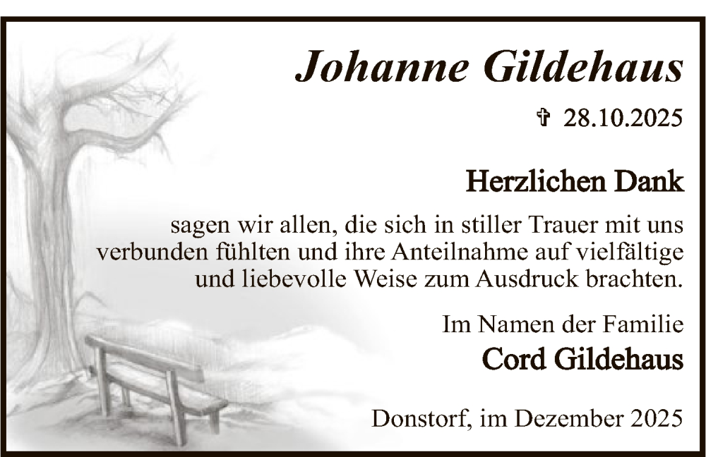  Traueranzeige für Johanne Gildehaus vom 20.12.2025 aus SYKS