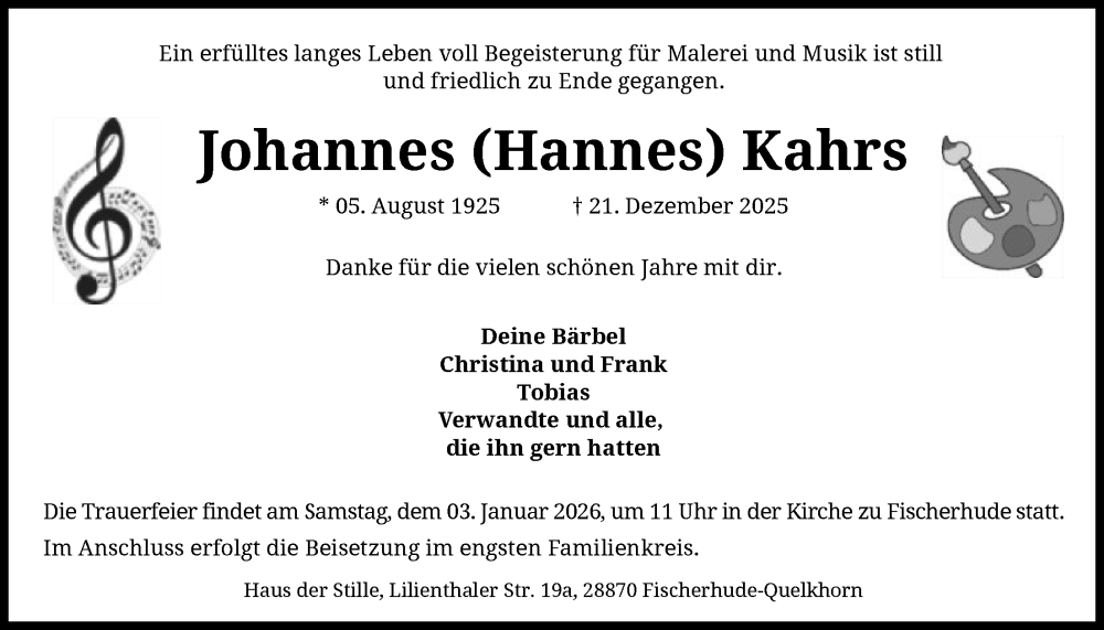  Traueranzeige für Johannes Kahrs vom 27.12.2025 aus SYKS