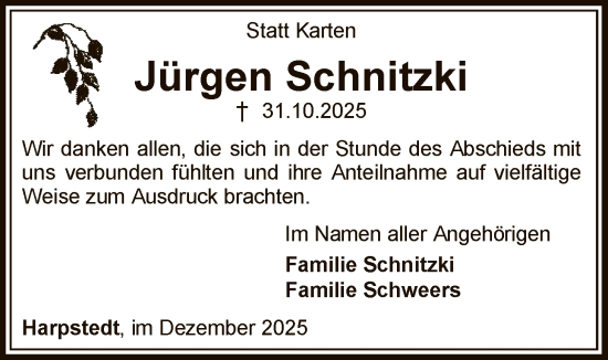 Traueranzeige von Jürgen Schnitzki von SYKSSYWZ