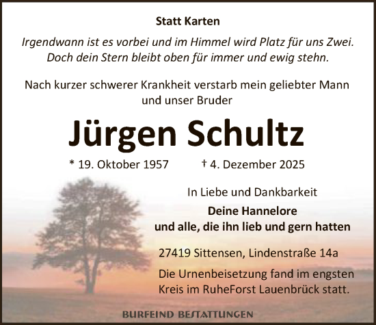 Traueranzeige von Jürgen Schultz von SYKR