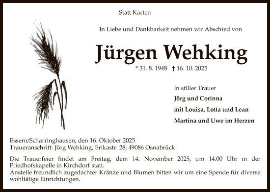 Traueranzeige von Jürgen Wehking von SYKS