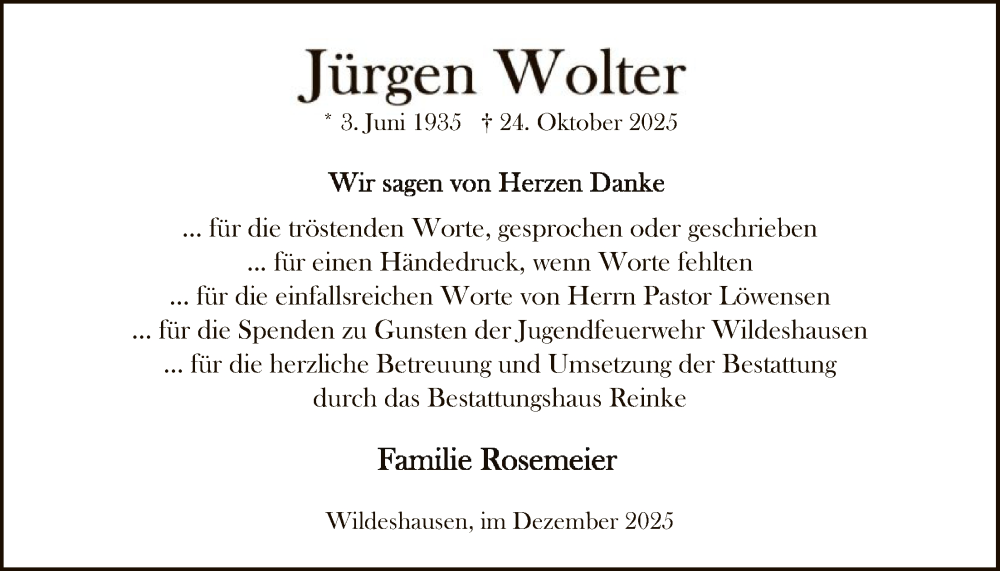 Traueranzeige für Jürgen Wolter vom 20.12.2025 aus SYWZ