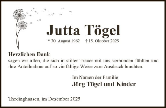 Traueranzeige von Jutta Tögel von SYKS