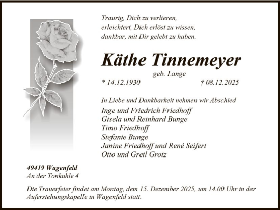 Traueranzeige von Käthe Tinnemeyer von SYKS