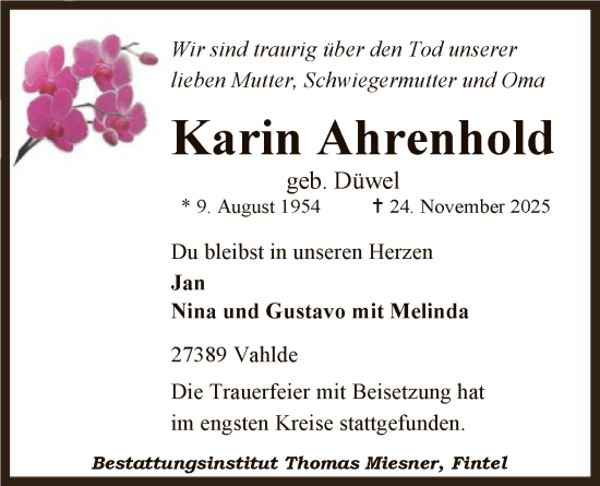 Traueranzeige von Karin Ahrenhold von SYKR