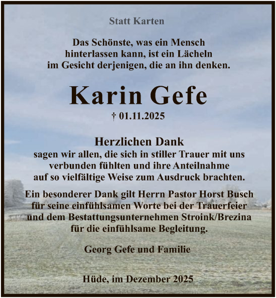Traueranzeige von Karin Gefe von SYKS