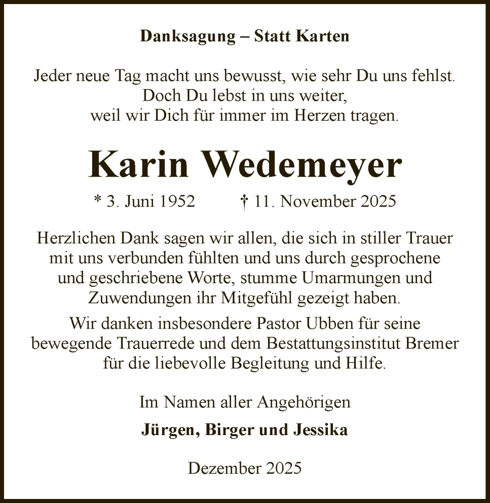  Traueranzeige für Karin Wedemeyer vom 27.12.2025 aus SYKR