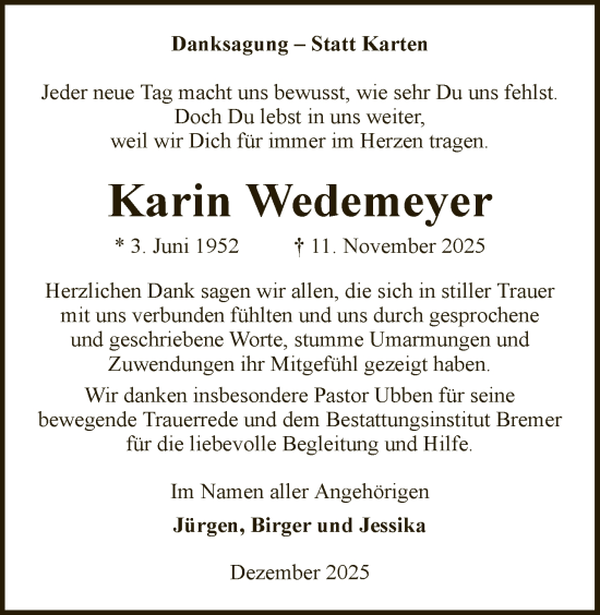 Traueranzeige von Karin Wedemeyer von SYKR