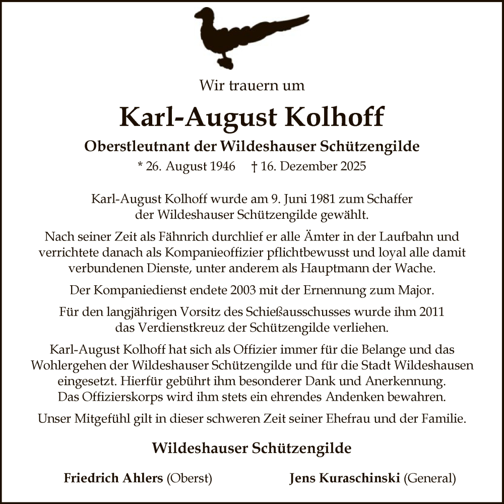  Traueranzeige für Karl-August Kolhoff vom 20.12.2025 aus SYWZ