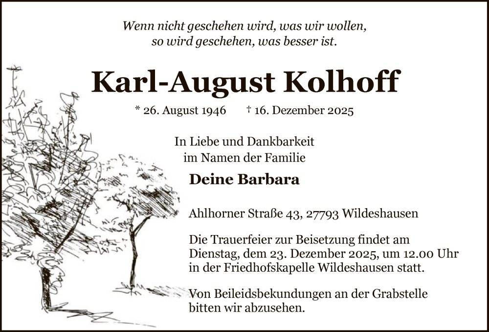  Traueranzeige für Karl-August Kolhoff vom 20.12.2025 aus SYWZ