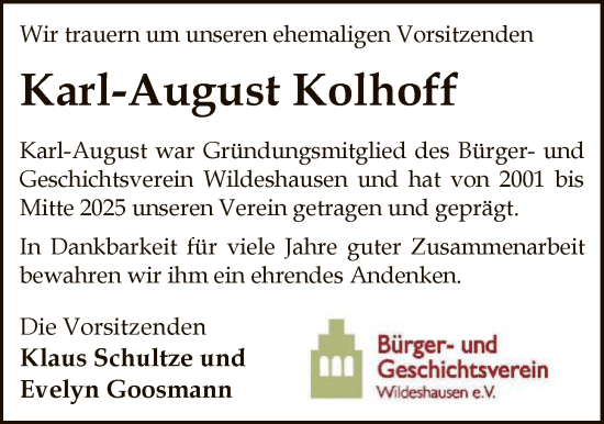 Traueranzeige von Karl-August Kolhoff von SYWZ