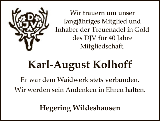 Traueranzeige von Karl-August Kolhoff von SYWZ
