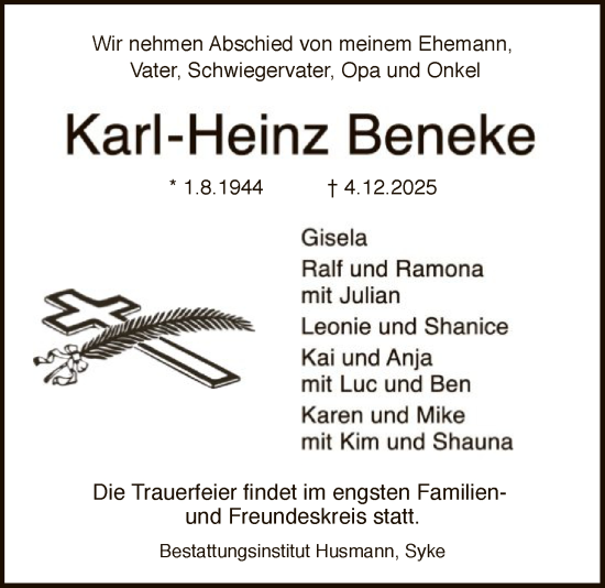 Traueranzeige von Karl-Heinz Beneke von SYKS