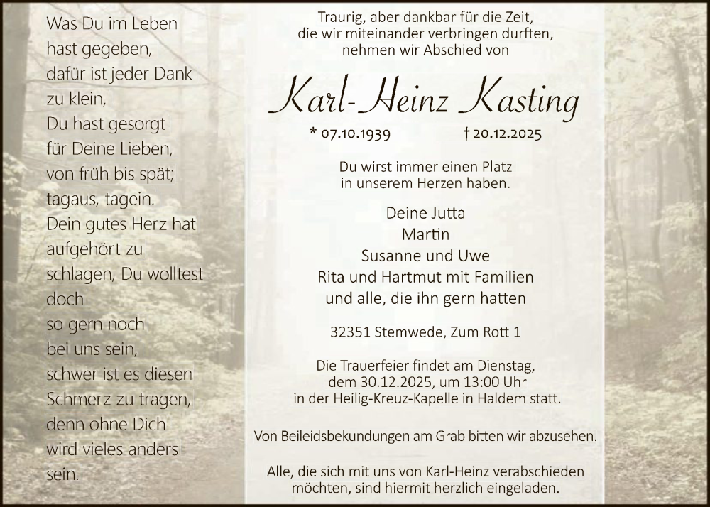  Traueranzeige für Karl-Heinz Kasting vom 24.12.2025 aus SYKS