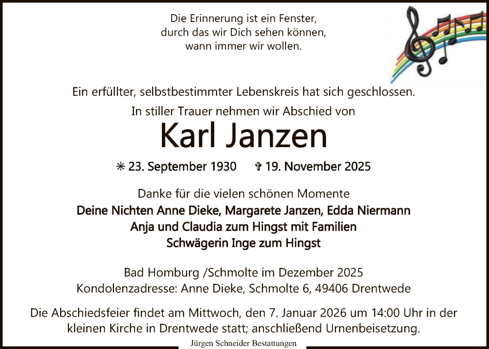  Traueranzeige für Karl Janzen vom 20.12.2025 aus SYKS