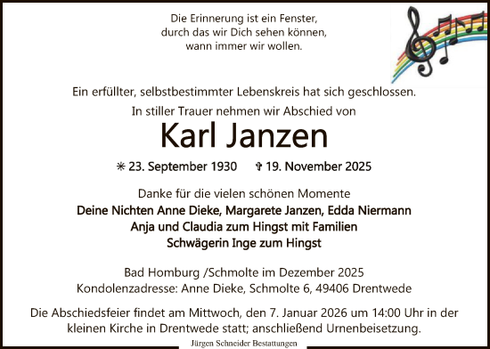 Traueranzeige von Karl Janzen von SYKS