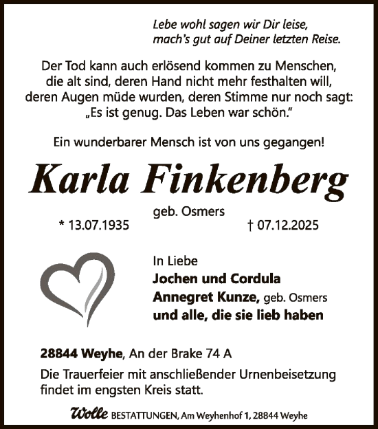Traueranzeige von Karla Finkenberg von SYKS