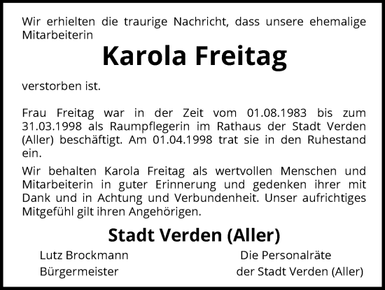 Traueranzeige von Karola Freitag von SYKS