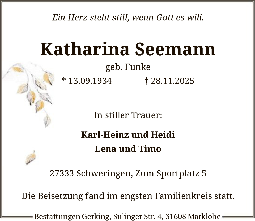  Traueranzeige für Katharina Seemann vom 06.12.2025 aus SYKS