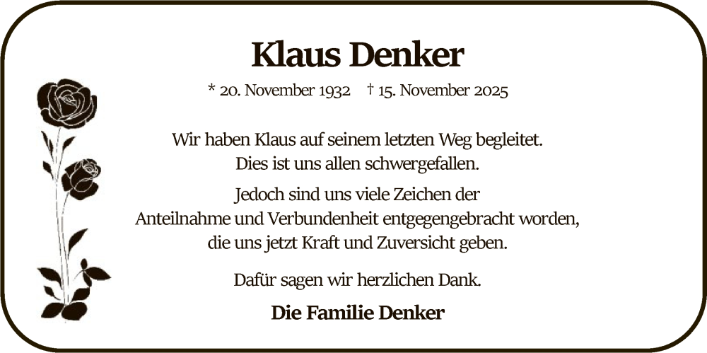  Traueranzeige für Klaus Denker vom 13.12.2025 aus SYWZ