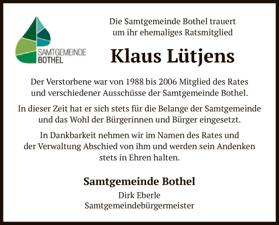 Traueranzeige von Klaus Lütjens von SYKR