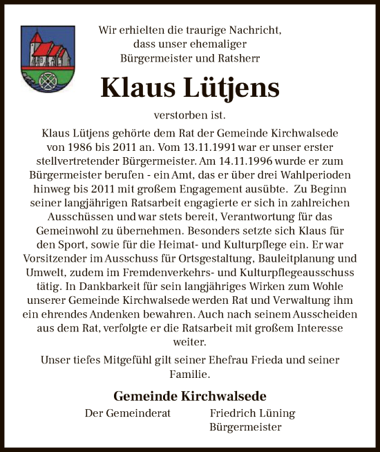Traueranzeige von Klaus Lütjens von SYKR