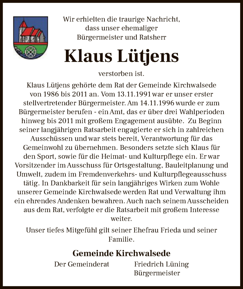  Traueranzeige für Klaus Lütjens vom 08.11.2025 aus SYKR