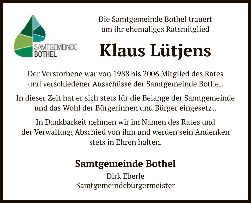  Traueranzeige für Klaus Lütjens vom 08.11.2025 aus SYKR