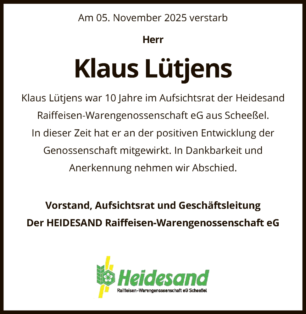  Traueranzeige für Klaus Lütjens vom 08.11.2025 aus SYKR