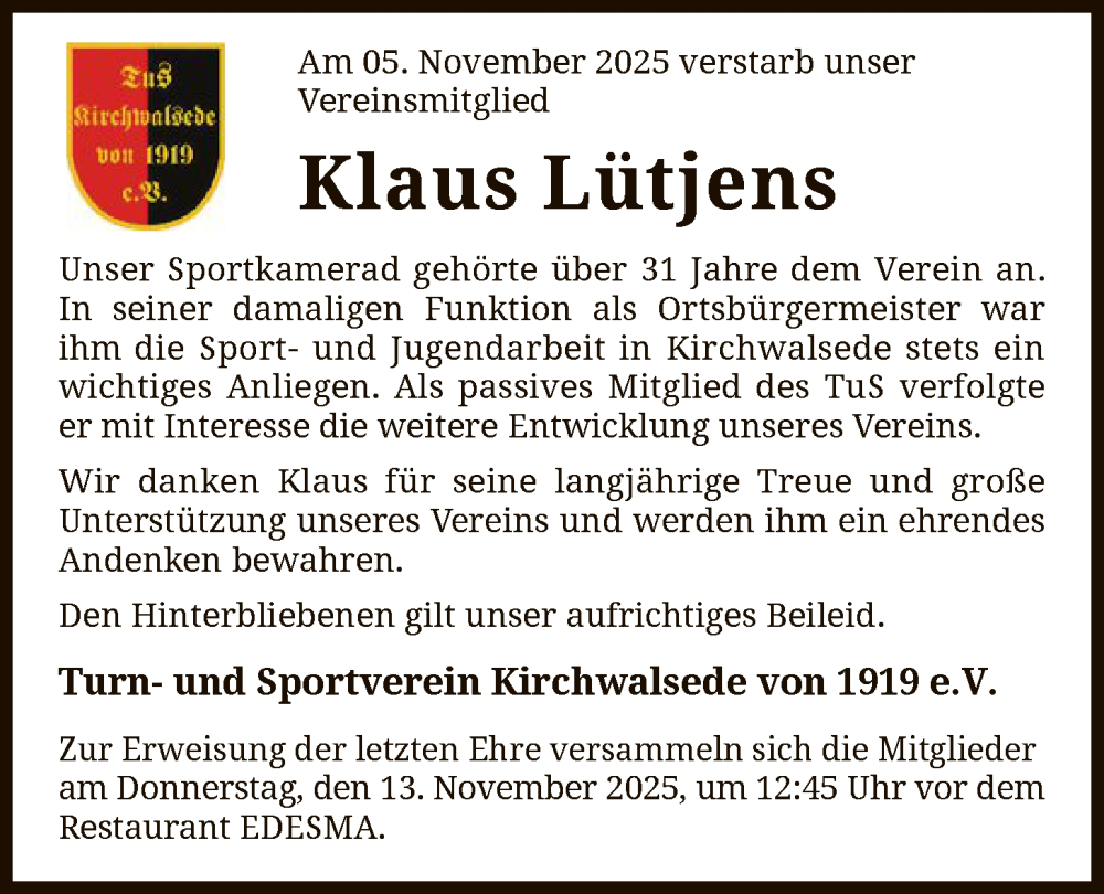 Traueranzeige für Klaus Lütjens vom 08.11.2025 aus SYKR