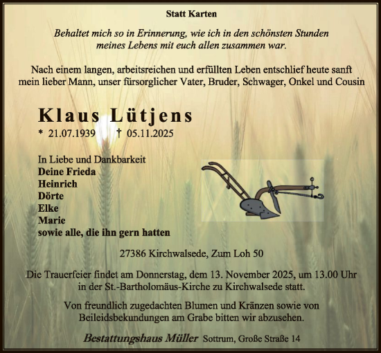 Traueranzeige von Klaus Lütjens von SYKR