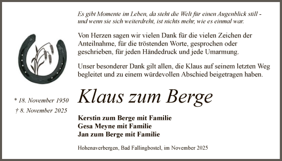 Traueranzeige von Klaus zum Berge von SYKS