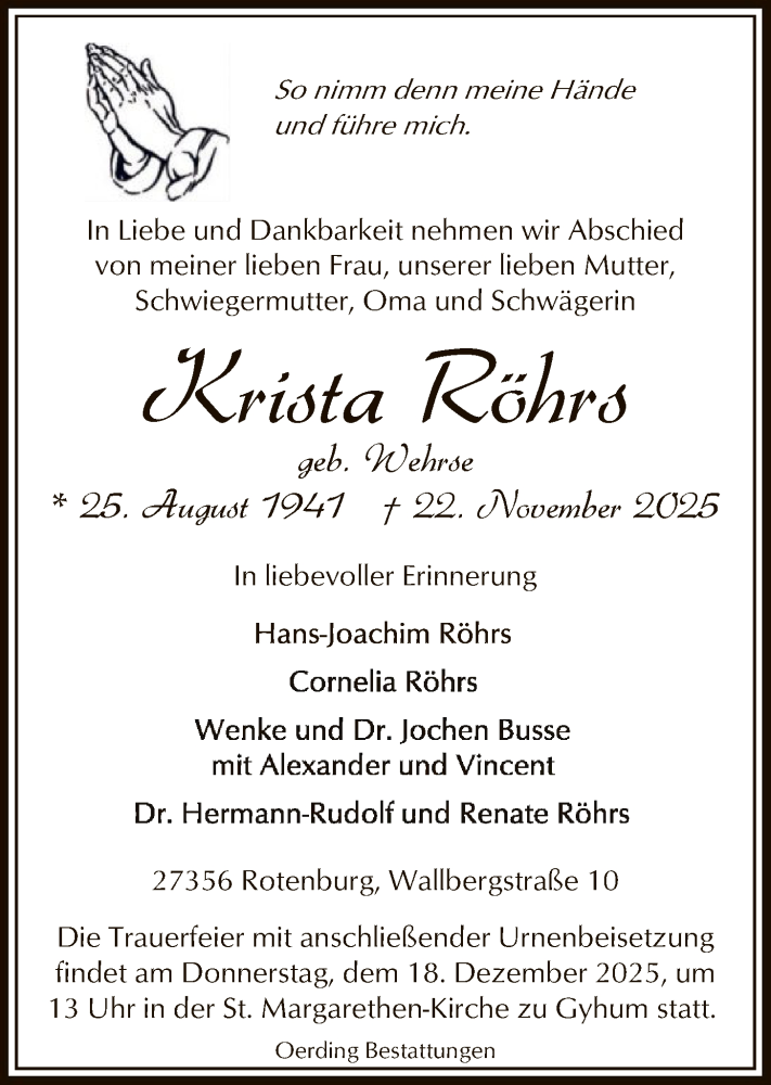  Traueranzeige für Krista Röhrs vom 10.12.2025 aus SYKR