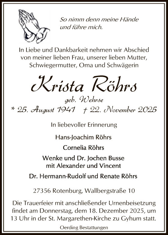 Traueranzeige von Krista Röhrs von SYKR
